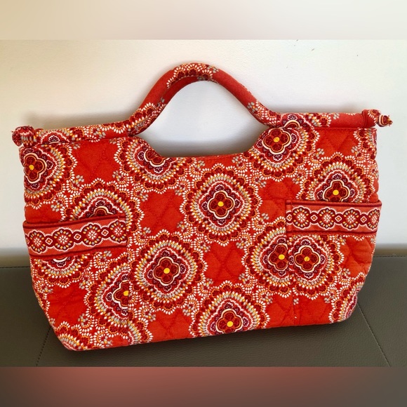 Vera Bradley quilted cotton short tote east west hand bag orange red paisley - Picture 1 of 9